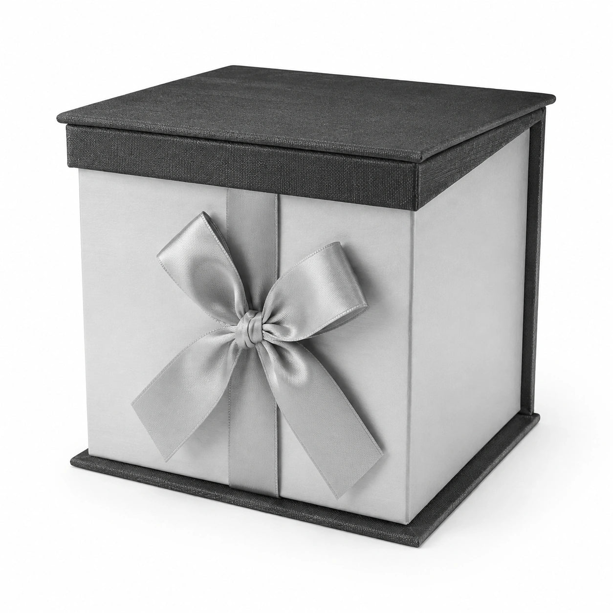 Geschenkbox 30 x 30 x 30 cm aus Karton in Grau mit Deckel und Schleife