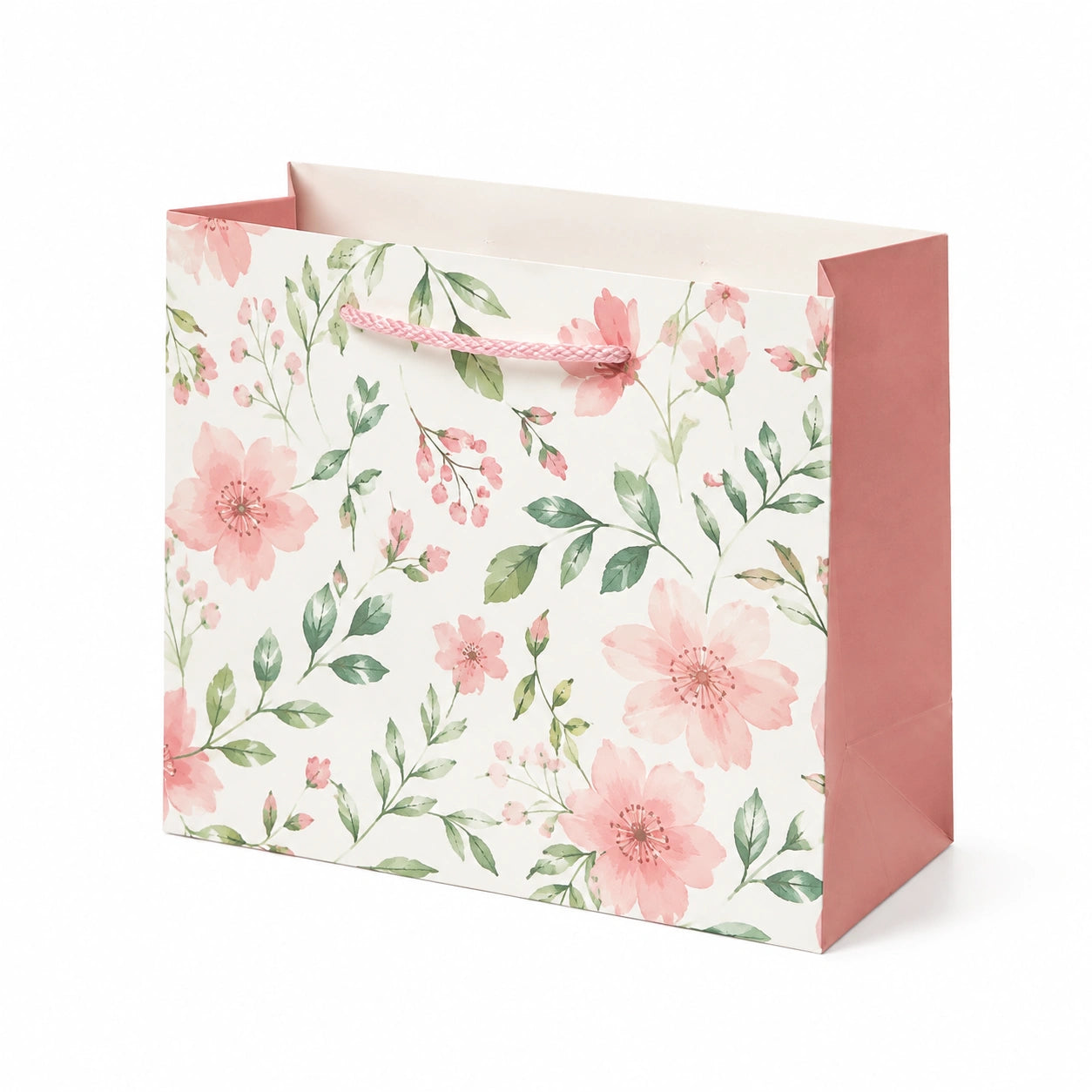 Geschenktüte 26 x 12 x 32 cm aus Papier Rosa Weiß Grün mit Blumenmuster und Kordelgriffen
