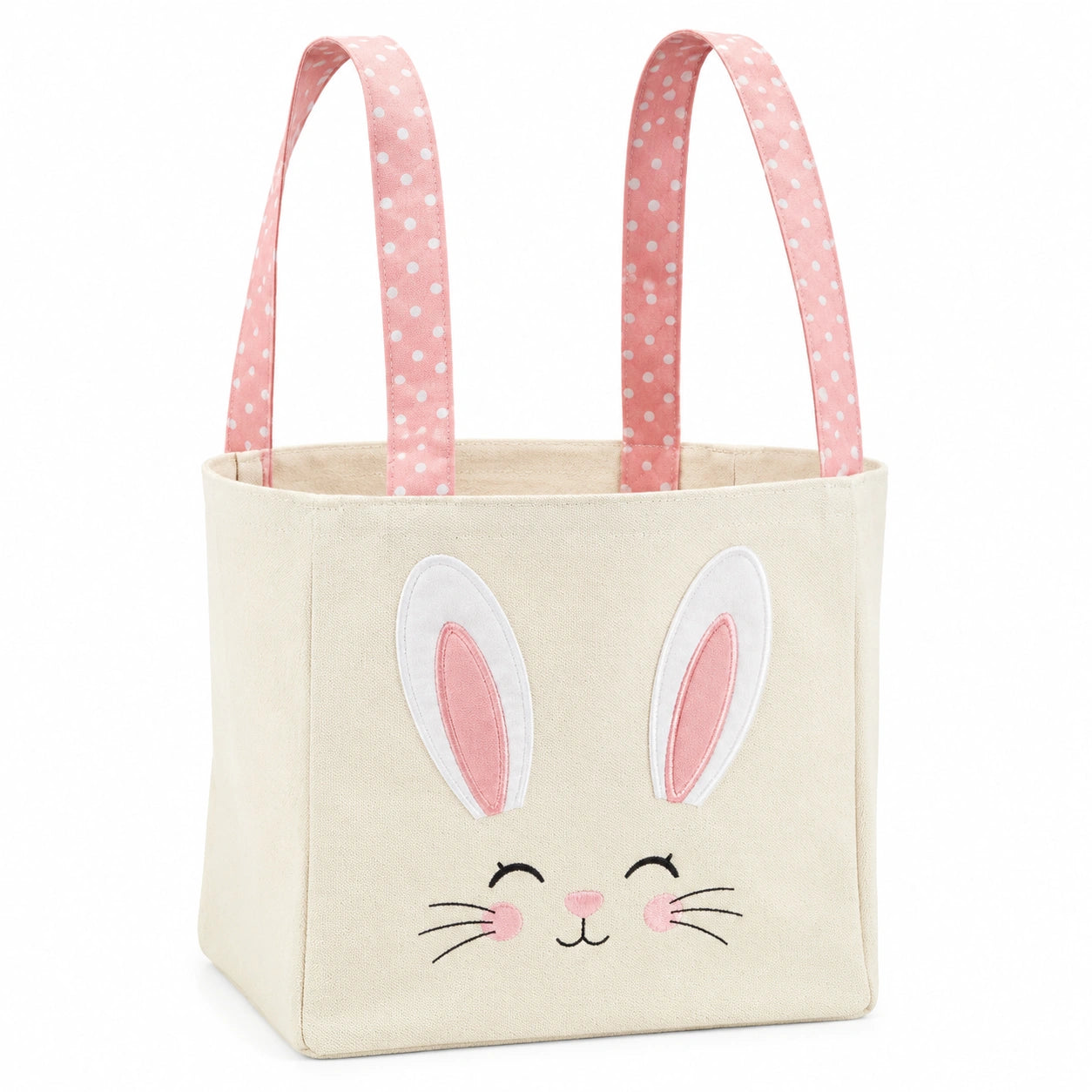 Ostertasche 30 x 20 x 25 cm aus Baumwollcanvas cremefarben mit rosa Hasenmotiv und Tragegriffen