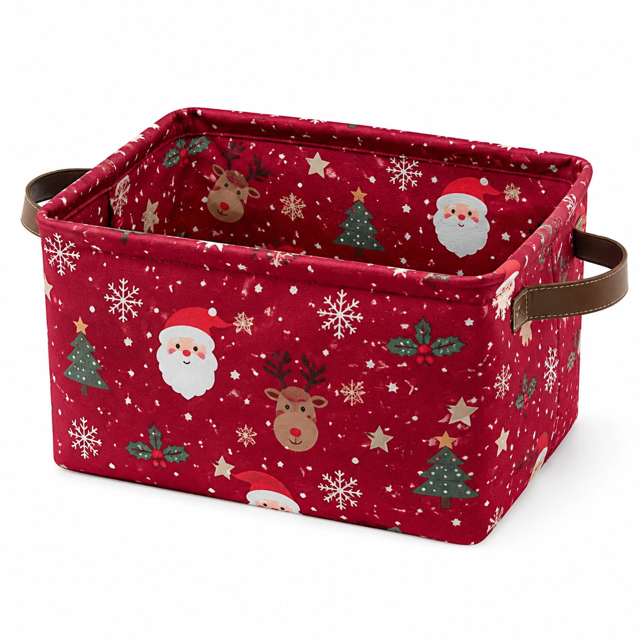 Aufbewahrungskorb 30 x 20 x 15 cm Textil Rot mit Weihnachtsmotiv und Griffen