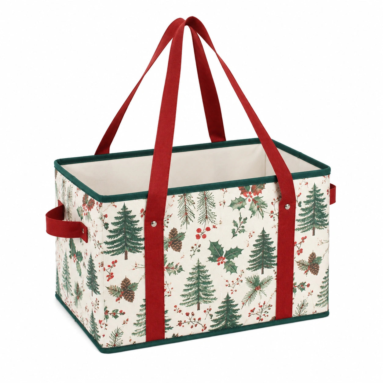 Aufbewahrungskorb 40 x 30 x 30 cm aus Stoff Creme Grün Rot mit Tragegriffen faltbar