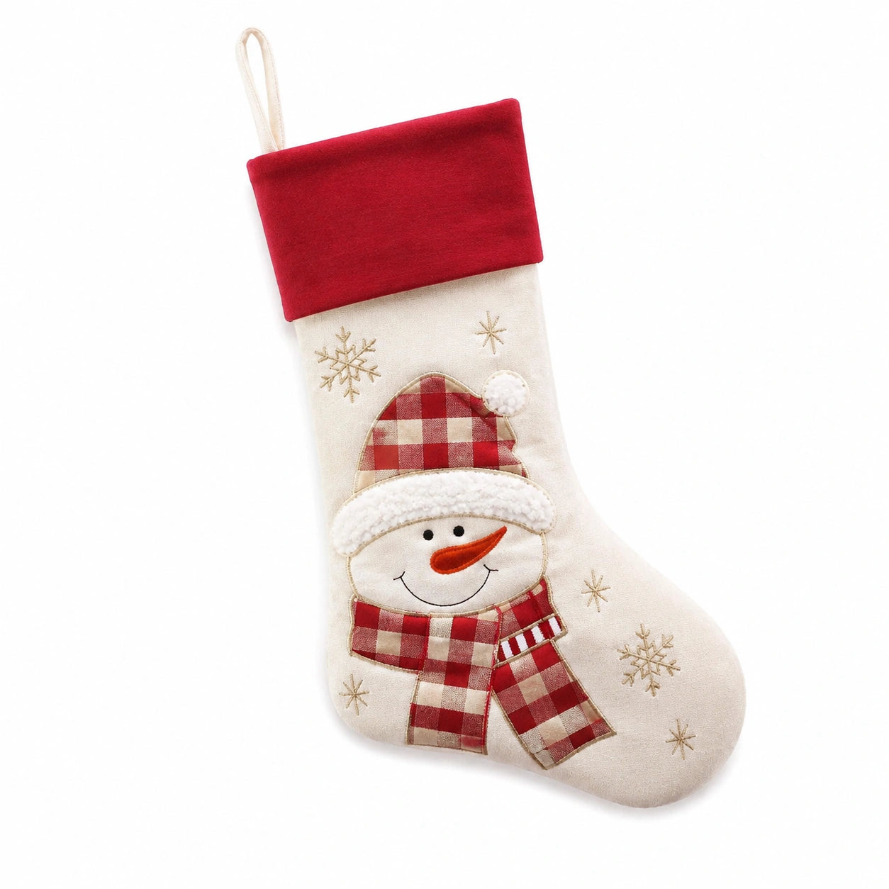 Weihnachtsstrumpf 45 cm aus Textil in Rot Creme mit Schneemannmotiv zum Aufhängen