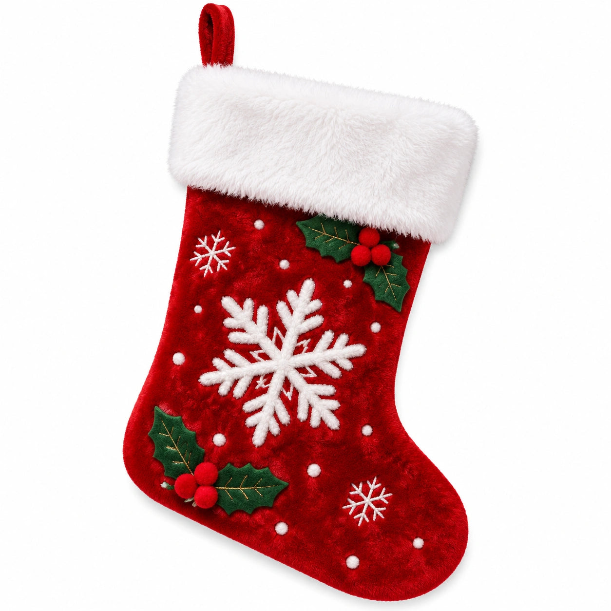 Weihnachtsstrumpf 45 cm aus rotem Plüsch mit Schneeflocken-Aufhängeschlaufe