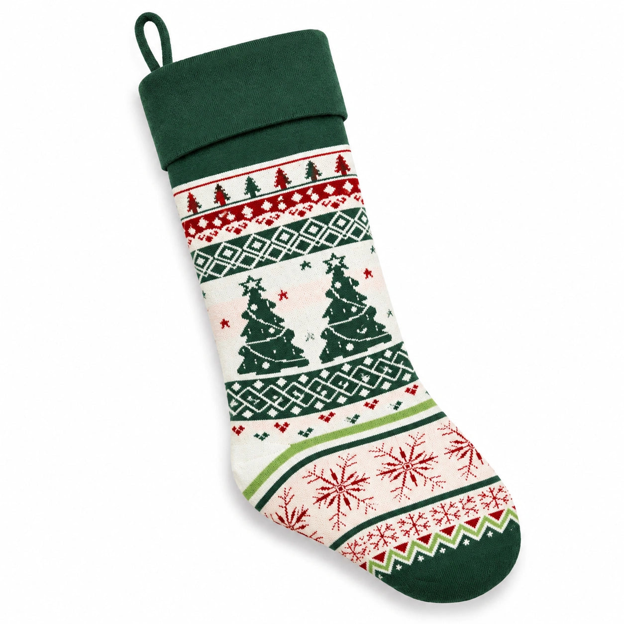Weihnachtsstrumpf 45 cm aus Textil in Grün Weiß Rot mit Strickmuster zum Aufhängen