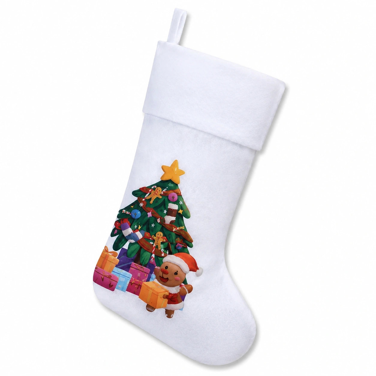 Weihnachtsstrumpf Einheitsgröße aus Filzoptik in Weiß mit Weihnachtsbaum-Motiv zum Aufhängen