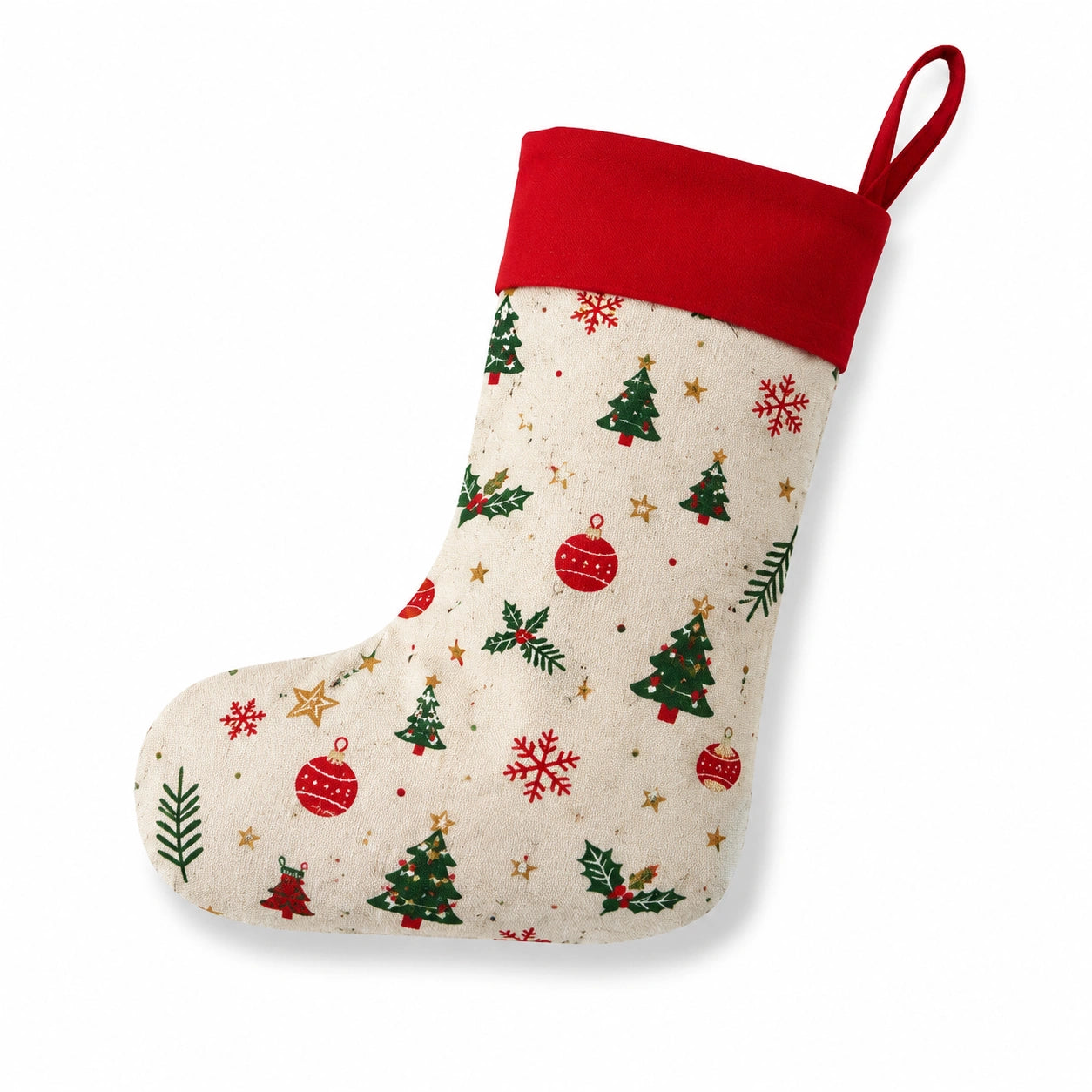 Weihnachtsstrumpf Einheitsgröße aus Textil in Beige Rot Grün zum Aufhängen