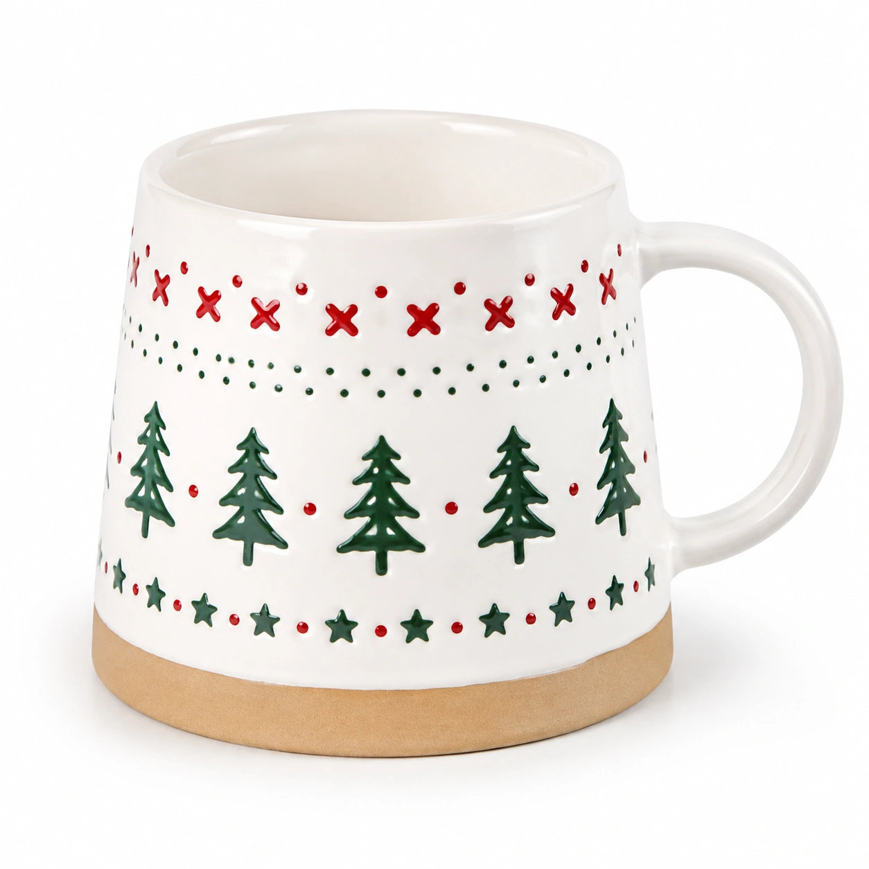 Keramiktasse 0.40 L aus Keramik Weiß Grün Rot mit Weihnachtsbaum Reliefdekor