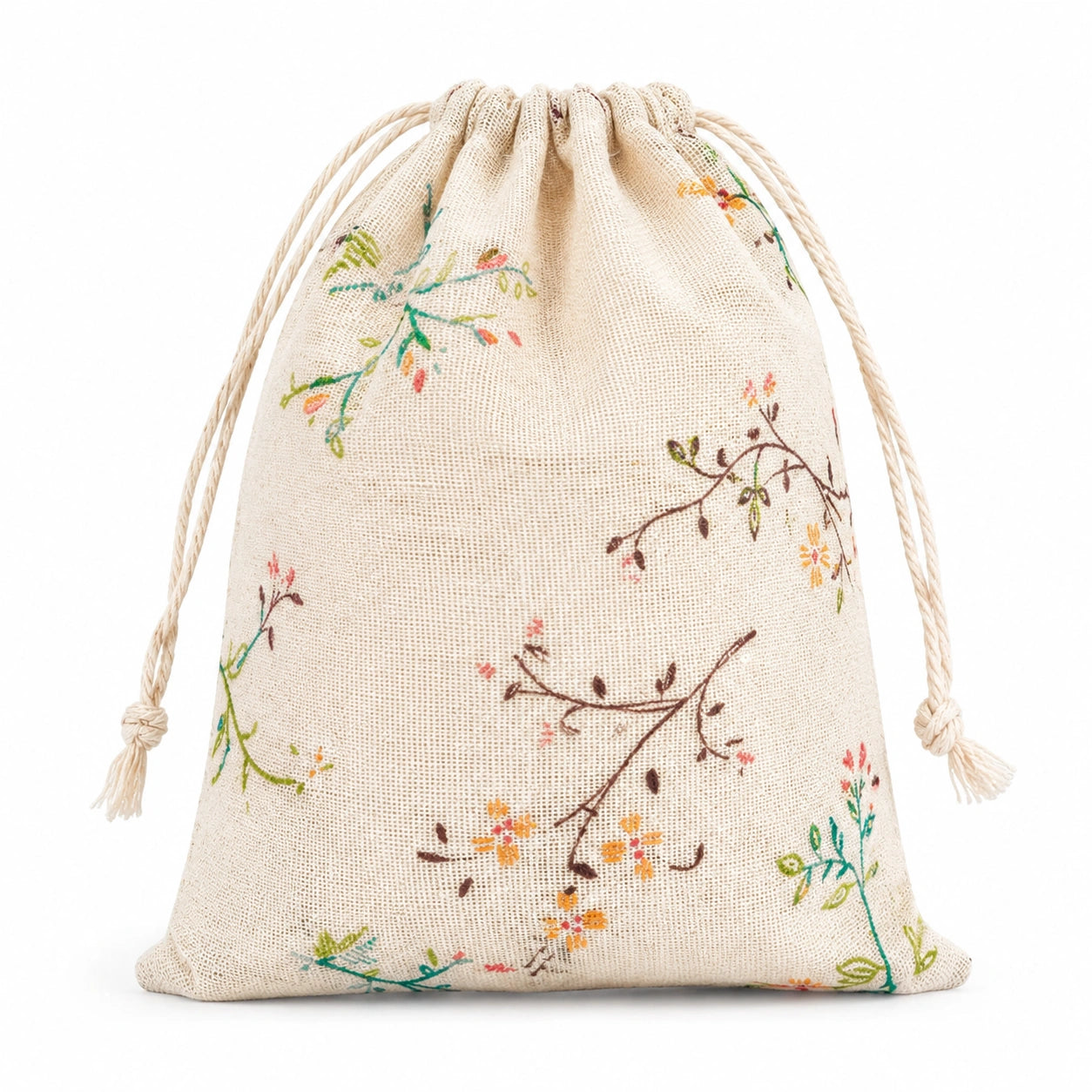 Stoffbeutel 20 x 15 cm aus Baumwolle in Beige mit Blumenmuster und Kordelzug